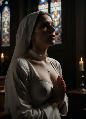 La prière secrète de la religieuse

- Oui.

Dans une cathédrale peu éclairée, une nonne mature et mince s'agenouille à un banc, sa blouse ouverte révélant de grands seins percés, d'une grande taille. Elle a pressé avec prière ses mains entre elles, son expression d'émerveillement alors qu'elle regardait vers les vitraux qui projetaient des rayons lumineux à travers les murs sombres. Les bougies clignotaient doucement, éclairant la scène avec une lueur chaude.