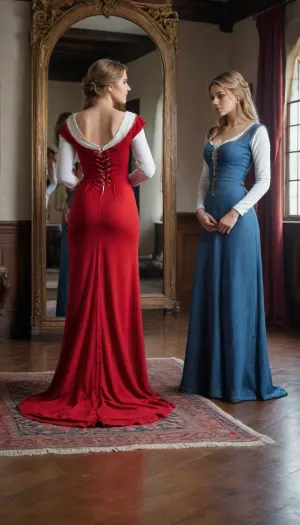 uber realistic image, fullcolor image, full body view, 8K quality, ultra detailed, masterpiece, inside a medieval baronial castle, ((a woman in blue jeans and a sexy white top is standing with his back to the viewer)), in front of full length mirror, ((woman sees his reflection dressed in red medieval dress with very large neckline)), super detailed image, full length, detailxl