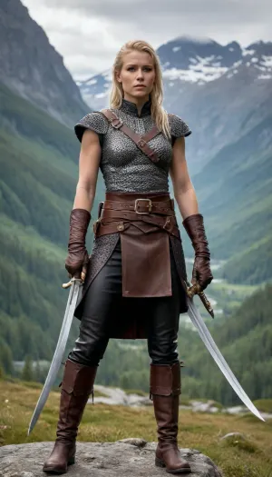 1 Woman, A stunningly beautiful Scandinavian woman, mountain range in the background, dark smooth clouds, fjord, (mighty alpine forest:1.1), Standing on stone, (dynamic pose:1.3), (Dynamic lighting:1.3), (detailed shadows:1.3), realistic, 4k, highest quality, best image, (Detailed Traditional nordic chainmail hauberk:1.1), (Traditional nordic leather pauldrons:1.1), (Traditional nordic leather boots:1.1), (Traditional nordic leather pants:1.1), (Traditional nordic leather gloves:1.1), (Traditional nordic bracers:1.1), (bone necklace), (side of head shaved, asymmetric hair), (muscular physique:1.1), (defined abdominal muscles:.5), (traditional leather belt:1.1), (big belt buckle:1.4), (detailed sword scabbard:1.3)