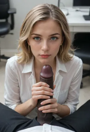 (realistic), realistic face features, realistic face, super detail, masterpiece, ultra-high resolution, 8k UHD, SLR camera, high quality, detailed skin texture, toned body, symmetrical face, detailed face, realistic girl, photorealism, studio lighting, soft shadows, best quality, blonde dyed hair, green eyes, straight hair, slim, skinny, tall, sexy legs, sexy slim legs, 25yo, very beautiful, turkish, pov, office, (single hand handjob:1.3), (bbc), (big black dick), black dick, ((correct hand anatomy)), ((formal cloth)), (black man)