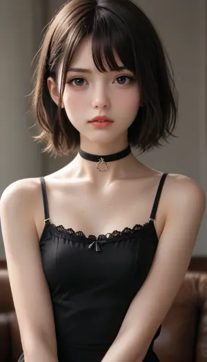 Generate a highly detailed and realistic image of an 18-year-old extremely beautiful woman with straight shoulder-length black hair and bangs at eyebrow level. Her skin should be very white. Her eyes are as black as the dark night, with a serious expression and cat-eye eyeliner. She has a small, upturned nose with a rounded tip. Her mouth is small with perfect teeth. She has small breasts, a slim waist that is narrower than her pelvic hips, and beautiful legs. She is wearing a 2 cm wide black choker with metal studs. The image should be in UHD quality, with attention to realistic
