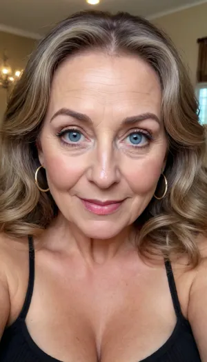 old granny mature, sexy 71 years old granny, brown balayage hair, long wave hair, glamour, big hoop earrings, big eyes, wide shoulders, thick body, chubby, huge big saggy tits, extreme saggy big boobs, looking at the camera, cute sexy smile face, huge blue eyes, very hot and horny, seduction horny, selfie