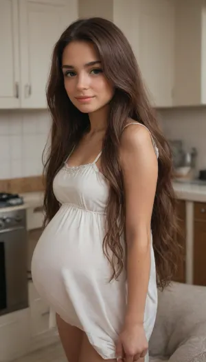 The girl's name is Sarah and she is 19 years old, She's Israeli, (She has dark skin), A beautiful young face, cute little nose, big brown eyes, thick black eyebrows, a happy face, (long hair:1.9), hair color is black, She has a great figure, medium-sized breasts, She's pregnant, The belly is not very big, Sarah is wearing a light olive-colored sundress with straps, He's wearing white sneakers, She's in the kitchen by the stove, There is an old green sofa in the kitchen, close-up