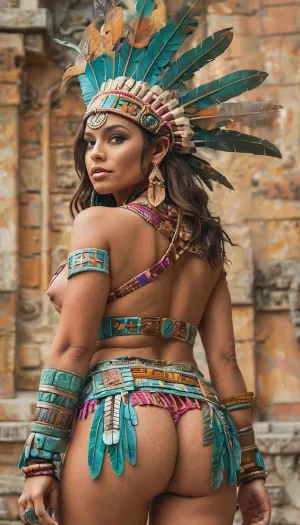 (4K UHD ultra-detailed RAW photo), high detailed, 8k, (photorealistic:1.7), ((solo)), A beautiful muscular fit girl in an Aztec capital, ((bright colours)), ((topless)), ((view from behind)), ((perfect ass)), ((eyes contact)), ((smiled)), style, of, Aztec, <lora:tbh264-sdxl:.8>, large, breasts, big, boobs, huge, tits, <lora:bombshell_v2:.8>, detailxl