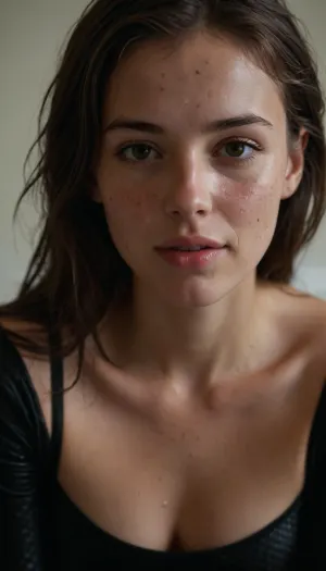 One 18 yo girl, latina skin tone, latina faceline, asian eyes, skinny, flat breasts, brunette straight hair, wearing, ((black long sleeved crop top)), ((submissive)), ((lovely)), (((wet hair with sidelocks))), (((full body view))), (((high detailed legs))), (((high detailed fingers))), ((high detailed pores on skin)), well-build body, medium tits, small lips, lots of freckles face and skin, blush on the checks and nose, (raised nasal tip, upturned button nose, upturned nose, delicate nose, nose), hypnotized loving yellow brown eyes, very sexy horny smile