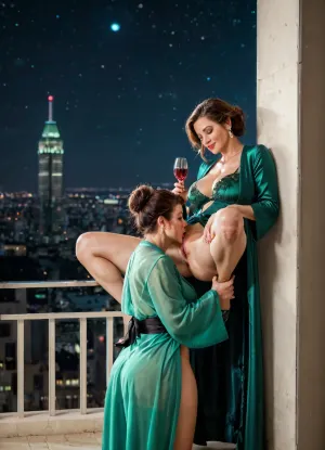 (masterpiece, best quality), (Twilight Photography:1.4), (Italian woman, milf, Sofia:1.1), (emerald green glossy silk chemise, glossy silk night robe), holding glass of wine, (cunnilingus, standing cunnilingus:1.2), aroused, (cinematic lighting), spacious balcony, glass railings, city skyline view, penthouse, (night:1.4), captured with a Leica M10, Leica Summilux 50mm f/1.4 lens, sharp focus, best shadow, 8K, UHD, clear image, extremely sharp, extremely detailed, extremely intricate detail, high res, ultra-high-definition, highly detailed, ultra-sharp textures, finely detailed, perfect skin texture, hyperrealistic lighting, professional photography, full dynamic range, deep contrast, high clarity, realistic depth of field, HDR, perfect exposure, smooth gradients, natural reflections, ultra-fine details, realistic skin pores, individual hair strands, soft shadows, color-pink