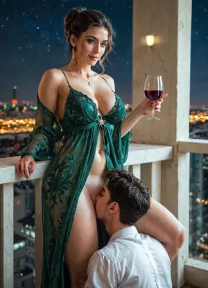 (masterpiece, best quality), (Twilight Photography:1.4), (Italian woman, milf, Sofia:1.1), (emerald green glossy silk chemise, glossy silk night robe), holding glass of wine, (cunnilingus, standing cunnilingus:1.2), aroused, (cinematic lighting), spacious balcony, glass railings, city skyline view, penthouse, (night:1.4), captured with a Leica M10, Leica Summilux 50mm f/1.4 lens, sharp focus, best shadow, 8K, UHD, clear image, extremely sharp, extremely detailed, extremely intricate detail, high res, ultra-high-definition, highly detailed, ultra-sharp textures, finely detailed, perfect skin texture, hyperrealistic lighting, professional photography, full dynamic range, deep contrast, high clarity, realistic depth of field, HDR, perfect exposure, smooth gradients, natural reflections, ultra-fine details, realistic skin pores, individual hair strands, soft shadows, color-graded