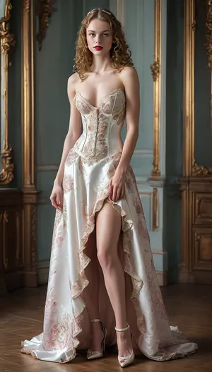 ((((((((18th century satin glister evening ball gown with bare breasts and pussy showing, young fresh white firm breasts with tender excited nipples, splendor, lace, volume, puffiness, airiness, virginity, ripeness, open), (youthful face, thin elongated face, sharp long nose, big eyes, small chin, dark bright lipstick), (expression, "blood and milk", cheeks from the shame of sex and shyness, drooping eyelids), (legs like a ballerina, visual attention to the figure on the legs with feet and shoes), (shoes in the style of Aries or Taurus, sagittarius), (tenderness, sensuality, foreplay, warm-up, eroticism, hot temptation, She poses for a secret lover-spectator, peeping effect, presence effect, incognito, effect), (youthful appearance russian innocence with freckles, The bridesmaid is ready for the celebration, Femme fatale, prostitute style, seductive, delicious thing, stunning, mysterious person, lady bitch), (special, vulgarly-sexually charming, all her charms are on display, large breasts protruding forward breasts brought together with a push up effect, perky breasts, breast cup size number 10, boobs visually stretched out pushed forward), (complex textured surfaces with embossing and patterns, expensive materials, tight shiny evening revealing dress for sex, dress of complex shape made of lush fabric, ruffled, puffy, airy, designer, art style), (young, well-groomed body, athletic, slim, slightly pumped up, sharp, wide, strong shoulders, clavicle line, flat back, narrow ass with round buns, strong, firm, straight, beautiful, slender, pumped up, fat-free legs, strong thighs), (makeup, non-standard appearance, face with a bitchy character), (high updo, styled, long curly hair, ash dark blonde with bright highlights), (designer fashion women pumps, gorgeous shoes, 10 inch high heel shoes with pointed toe), (the instep is vertical, the toe of the shoe is small, offset, recessed towards the heel), (shoe style extremely high heel, curved instep, heel close to the toe, extreme stiletto, straight slender legs stretched like a string, tense on high heels), (very high incredible beautiful heels), (full image, posing sideways, stilettos, stockings, sexy legs, metallic candy glister dress, romantic evening atmosphere), (harmonious style, color, volume and light, excites, intrigues, seduces, attracts, smells of sexuality, sex is everywhere, sex and passion are in the eyes), (unreal light and shadows create 3D volume of objects in the center of the image and depth, realistic and unrealistic, masterpiece, hyper realism, full hd quality, high detail, many details, focus in the center)))))))), detailxl, uberfit, muscular, athletic, <lora:MJ52:.6>, <lora:add-detail-xl:.6>, <lora:cfg_scale_boost:.6>, <lora:uberfit_lora_sdxl:.6>