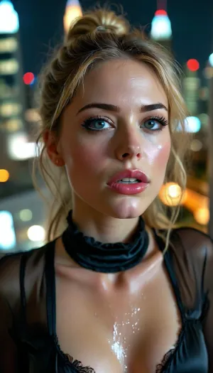 Close up, Stunning 30 year old cum covered secretary, on knees looking up at viewer in high rise office at night over looking a city, ((has just taken a massive cum facial)), hair tied up, tight black satin blouse, ((cum on face, cum on blouse, cum everywhere)), pov viewer looking down on her from above, sexy expression, woman, cum, on, face, <lora:MJ52:.2>, <lora:BUT_SDXL_SHS:.9>, <lora:add-detail-xl:1.7>, <lora:CinematicStyle_v1:2>, <lora:JustCum:2>