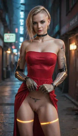 (extremely 8k wallpaper:1.2), (masterpiece, best quality), (illustration:.9), (soft lighting:.7), (toned:1.2), (smug, smirk:.9), cyberpunk aesthetic, neon reflections, high-tech cityscape, cyberpunk girl, (small tits:1.2), solo focus, (muscular:1.2), thin waist, (black chocker:1.2), blonde hair undercut, (left cybernetic arm with glowing circuits:1.4), (tattoo:1.2), (red strapless short high-tech dress with neon accents:1.3), (dress lift and expose shaved vagina:1.5), futuristic neon-lit alley, raindrops reflecting vibrant colors, digital holograms flickering around, rainy cyberpunk atmosphere