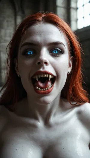 Photographic. Dynamic. View of three, (3), beautiful women with a demon face Vampire Fangs Teeth, their eyes are black and reflective, crawling towards camera on their knees
All have pale skin and black lips, with snarling evil faces. Their breasts are exposed.

The woman on the left is skinny with small exposed breasts and long white hair. The centre woman is slender, with large saggy breasts, black hair with her mouth open showing her impressive long fangs, (she hisses at the viewer), The woman on the right is voluptuous and has red hair, Their legs blend in to the shadows.

They are surrounded by shadows in medieval castle, highly detailed, high budget, bokeh, cinemascope, moody, epic, gorgeous, film grain, grainy, (()), Subspecies, style, black, sclera, eyes, <lora:Subspecies style:.6>, <lora:black sclera:1.6>