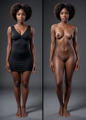 Two pics of very dark black woman, front wiew, full body wiew, onoff, <lora:OnoffXL_ExtraCrispy:.8>, (basic\)