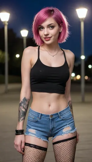 High quality, photo. A young, 18 year old, girl poses seductively for camera while, (holding a skateboard), . she is smiling coyly. The girl has vibrant neon magenta short hair, (very short hair), styled in a choppy layered bob with asymmetrical wispy bangs. She has fair smooth skin, striking blue eyes with bold eyeliner, and neatly shaped medium eyebrows. Her lips are soft pink and natural., ((A small piercing is below her lower lip)), . the girl is wearing, ((fishnet stockings:1.5)), the large mesh stockings go up to her waist. The girl is wearing, (short black jean shorts), . The girl is wearring a, (ripped black T-shirt), the t-shirt is has an exposed belly. the girl has large black tattoos on her neck, arms, legs . the girl is wearing vans brand checkered tennis shoes. Scene takes place at a skatepark at night. Street lamps light the scene