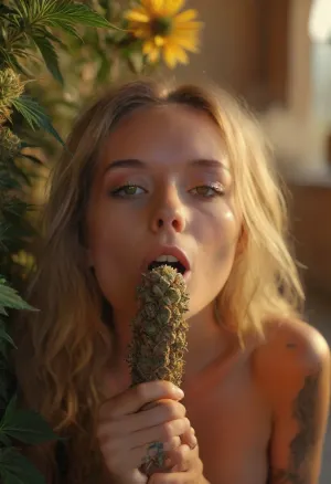 (warm ambient light:1.5), A slim, flat-chested, sexy, colorful dressed hippie sits in the monastery, holding cannabis bud, (huge phallus look alike detailed cannabis bud:1.6), In the garden, there are numerous cannabis plants in full bloom, (perfect cannabis buds:1.5), perfect face, (perfect detailed blonde dreadlocks:1), tattooed, wears silver metal sunglasses with extremely small circular yellow lenses, looking at the viewer, (detailed reflection in the lenses of flowering cannabis plants:1), silent smile, perfect hands, it's a late summer afternoon, the sun is low and backlights the scene, rays of sunlight beautifully break through the smoke. Happy, content, satisfied, smiling, the focus is on the hippie, dirty, slutty, naughty thoughts, seductive, lustful, needy, aroused, (lascivious posing:1.6), shows her sexy pulsating pussy, various perspectives, naughty posing, all over tattooed, dreadlocks, small butt, the background is blurred, the entire image is designed using technical parameters to create a warm, romantic atmosphere. Ganja, flowers, cannabis, marijuana, leaves, plants, resin, glands, nugs, edgFae, flower, fairy, style, wearing, sunlight_str1, vibrant, dream, pale, reality, elven, architecture, cloudy, smoke, atmospheric, clouds, fog, intricate detail, highly detailed, breathtaking, panoramic, cinematic, but, (3D, Framed, Woman), Cat, Skull, Flowers, Bird, Macabre, psychedelicai, orgasmface, <lora:MJ52:2>, <lora:BUT_SDXL_SHS:2>, <lora:psychedelicai-SDXL:2>, <lora:orgasmface_SDXL:1.9>, woman, sucking, a, cock, <lora:WTS - WhatTheSuck - v1:.8>