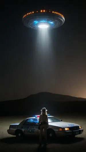 a thin, solitary sheriff wearing an open beige sheriff's uniform jacket and a cowboy hat, (beige uniform:1), stands next to her, (highly detailed police car with ultra-bright hazard lights:1.8), (bright police lights magically illuminate the night), (blonde sheriff looks at a spaceship hovering over a cow pasture:1.8), (looks at round spaceship:1.2), surreal situation, (conical, vertical, bright tracking beam, centered under the spaceship, shines down onto the pasture:1.9), (beam lifts a cow high in the sky:1.7), (cow hovers in beam:1.7), novuschroma38, style, DonMN1gh7XL, John, Berkey, Style, page, mad-2cbrrm, mad-1cbrrm, <lora:CBS_novuschroma38 style:.8>, <lora:DonMN1gh7rXL-000006:1.5>, <lora:dark:.8>, <lora:John Berkey Style:1.7>, <lora:Neon_Cyberpunk_Cyberarm_SDXL:1.9>