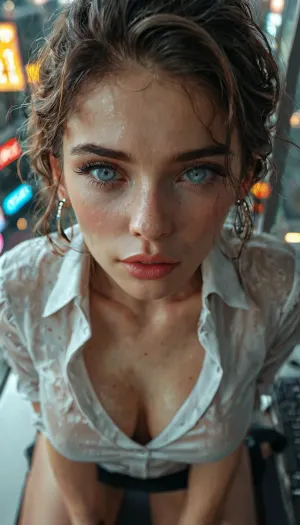 Close up, Stunning 30 year old secretary, on knees looking up at viewer in high rise office at night over looking a city, hair tied up, tight black satin blouse, pov viewer looking down on her from above full body shot, sexy expression, <lora:MJ52:.2>, <lora:BUT_SDXL_SHS:.9>, <lora:add-detail-xl:1.7>, <lora:CinematicStyle_v1:2>