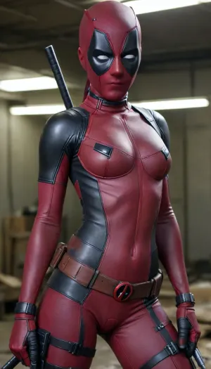 Female Deadpool, big tits, shaved pussy.