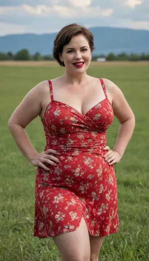 A 45-year-old plump woman stands in the middle of a grassy field. She is plump and mature, with short hair and makeup on her face. She is wearing a beautiful short summer dress with a large neckline and a slit in the skirt. She has a bright smile and bright red lips. As she prepares to relieve herself, the slit in her dress opens, revealing her large, saggy breasts and wide hips. Her panties slipped slightly to her knees.