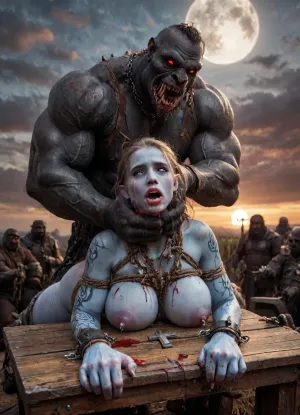 female drow elf barbarian, (blue skin:1.82), tall, angry, busty, curvy, thin waist, big boobs, big butt, slim, fit, vitiligo, strong, fur pelt armor, dungeons and dragons, purplish blue skin, black and purple hair, Dark, Elf, Warrior, Drow, tattooed, scarred, purple eyes, blue skin, amazon, giant, fur barbarian armor, bloody, blood spatter, bear, bear heart, (in a bloody filed after a battle, white full moon in the sky:1.4), (man is choking her from behind:1.4), ((hogtied, bound with large chains, crucified to a torture table, spikes through hands:1.3)), (torture:1.32), (large sharp sword in anus:1.12), cock in mouth, (brutal face fuck), Blowjob, (tears in eyes:1.5), (running makeup), (cum drips from nose:1.3), (cum drips from mouth:1.3), ultra hd, photorealistic, hyper gigantic large black cock in mouth, (((hyper gigantic large black cock in mouth:1.3))), oral cream pie, hair grab, sad crying, tongue out, gasping for air, zavy-brbrn, gangbang, double anal penetration, anal spitroast, groupsex, deepthroat, (4 gigantic African black brute thug, huge trunklike arms, huge head, hyper muscular body, dressed in slave clothes:1.32), ((hogtied, bound for sex, tied up)), (((hyper gigantic large white cock in mouth:1.3))), (pulled nipples:1.2), nipple clamps, (((spitroast))), (((hyper large cock in mouth:1.3))), screaming, shocked, deep anal penetration, Uber realistic, 8k, ultra detailed, masterpiece, arched back, detailxl, 35mm photograph, film, professional, 4k, 1girl, 5 boys, hdr, photographic, ultra realistic, ultra high details, back light, (front view), (dynamic pose), best quality, incredibly lean body, anal sex, with large muscular black men, gargantuan black cocks, large hyper muscular fat old men, (double anal sex), swollen white veiny cocks, (double anal penetration), hardcore double penetration, proper physics, big white cocks, muscular white double anal gangbang, (forceful penetrations), extremely graphic, shocked expression, beautiful hands, defeating a woman in combat, fighting, killing, blood, winning fight, magazine cover, Realism_Quality_2xx_By_Stable_Yogi, score_9, score_8_up, score_7_up, (((very pretty face:1.3))), (((extremely ultra detailed face:1.3))), perfect fingers and hands, upper body view, (extreme size difference:1.6), (ultra realistic), (maximum quality), (high resolution), (extreme detail), (ultra realism), UHD, super high quality, highly detailed, high resolution, perfect lighting, natural lighting, (dynamic angle), (random angle), (random pose), (dynamic view), (random view), golden hour, rich details, nature-inspired color palette, <lora:Dark_Elf_Warrior:2>, <lora:Drow:2>, <lora:339100_training_data:2>, <lora:zavy-brbrn-sdxl:2>, <lora:LCMTurboMix_Euler_A_fix:2>