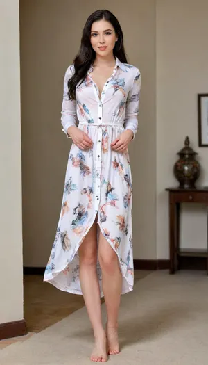 pale beautiful girl in her 30s dressed in a shirtdress, ((unbuttoned long-sleeved shirtdress with artsy print exposes cleavage and naked pussy:1.6)), ((shaved pussy:1.5)), athletic body, ((pale:1.5)), ((extremly pale:1.5)), masterpiece, full body view, best quality, details, high quality, attractive woman, in her bedroom, ((visible pussy:1.5)), very beautiful, shy smile, flat shoes, very long black hair, girl cute, upskirt, skirt, lift, <lora:skirtLift:.5>