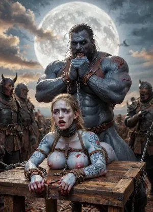 female drow elf barbarian, (blue skin:1.82), tall, angry, busty, curvy, thin waist, big boobs, big butt, slim, fit, vitiligo, strong, fur pelt armor, dungeons and dragons, purplish blue skin, black and purple hair, Dark, Elf, Warrior, Drow, tattooed, scarred, purple eyes, blue skin, amazon, giant, fur barbarian armor, bloody, blood spatter, bear, bear heart, (in a bloody filed after a battle, white full moon in the sky:1.4), (man is choking her from behind:1.4), ((hogtied, bound with large chains, crucified to a torture table, spikes through hands:1.3)), (torture:1.32), (large sharp sword in anus:1.12), cock in mouth, (brutal face fuck), Blowjob, (tears in eyes:1.5), (running makeup), (cum drips from nose:1.3), (cum drips from mouth:1.3), ultra hd, photorealistic, hyper gigantic large black cock in mouth, (((hyper gigantic large black cock in mouth:1.3))), oral cream pie, hair grab, sad crying, tongue out, gasping for air, zavy-brbrn, gangbang, double anal penetration, anal spitroast, groupsex, deepthroat, (4 gigantic African black brute thug, huge trunklike arms, huge head, hyper muscular body, dressed in slave clothes:1.32), ((hogtied, bound for sex, tied up)), (((hyper gigantic large white cock in mouth:1.3))), (pulled nipples:1.2), nipple clamps, (((spitroast))), (((hyper large cock in mouth:1.3))), screaming, shocked, deep anal penetration, Uber realistic, 8k, ultra detailed, masterpiece, arched back, detailxl, 35mm photograph, film, professional, 4k, 1girl, 5 boys, hdr, photographic, ultra realistic, ultra high details, back light, (front view), (dynamic pose), best quality, incredibly lean body, anal sex, with large muscular black men, gargantuan black cocks, large hyper muscular fat old men, (double anal sex), swollen white veiny cocks, (double anal penetration), hardcore double penetration, proper physics, big white cocks, muscular white double anal gangbang, (forceful penetrations), extremely graphic, shocked expression, beautiful hands, defeating a woman in combat, fighting, killing, blood, winning fight, magazine cover, Realism_Quality_2xx_By_Stable_Yogi, score_9, score_8_up, score_7_up, (((very pretty face:1.3))), (((extremely ultra detailed face:1.3))), perfect fingers and hands, upper body view, (extreme size difference:1.6), (ultra realistic), (maximum quality), (high resolution), (extreme detail), (ultra realism), UHD, super high quality, highly detailed, high resolution, perfect lighting, natural lighting, (dynamic angle), (random angle), (random pose), (dynamic view), (random view), golden hour, rich details, nature-inspired color palette, <lora:Dark_Elf_Warrior:2>, <lora:Drow:2>, <lora:339100_training_data:2>, <lora:zavy-brbrn-sdxl:2>, <lora:LCMTurboMix_Euler_A_fix:2>