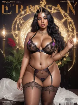 (((company advertisement page photoshoot with Title))), 28 year old 5'8 model, half Haitian and Indian bengali woman, witch woman, full body view, ((wearing a lingerie laced embroidery full outfit)), ((curvy thick body)), long wavy hair, thick thighs, (((sweaty oiled glistening shining glowing wet skin and body))), wearing heavy shiny glossy makeup, (((Title of the Magazine or Brand on top of the photo with huge Logo and Title name)))