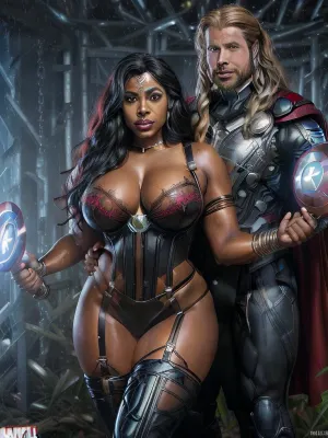 (((Marvel Comics company advertisement page photoshoot with Title))), 28 year old 5'8 model, half Haitian and Indian bengali woman, witch woman, full body view, ((wearing a lingerie laced embroidery full outfit)), ((curvy thick body)), long wavy hair, thick thighs, (((sweaty oiled glistening shining glowing wet skin and body))), wearing heavy shiny glossy wet skin, (((cuddle romance pose with thor)))
