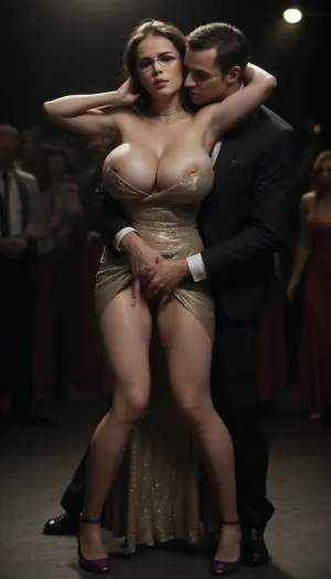 Ultra realistic, very high definition photo, Full length, full body view, side view, woman looking back at viewer, (dancing with a man, (man dressed in suit, with his cock sticking out of his trousers), , , on a crowded disco club dance floor:1.3), elegant, elaborated beautiful french woman, busty MILF, masterpiece, ((fully dressed, massive cleavage, tits just covered:1.4), wearing a low neckline halter neck purple evening knee length dress, split to thigh height), MILF, 40 year old, big saggy breasts, milf body, messy dark brown very long hair, dark tanned skin, tan lines, angry attitude, arrogant attitude, dominant face, bitchy face, looking very upset and angry, looking at the viewer, intense stare, look at the viewer, eye contact, angry, looking wearing heavy rimmed glasses, (she is dancing, dress and hair swinging outwards as she dances:1.3), (the man has his hand under the woman’s dress, he is masturbating her pussy, (fingering her), , , her hand is wrapped around his large cock sticking out from his trousers:1.5), garter belt, black stockings, purple high heels, very hairy pussy, (people dancing in the background:1.3), hard nipples. downblouse, nipslip, very, long, hair, hanging, dynamic, on, ground, <lora:RealDownblouseXL2:.8>, <lora:verylonghairv2:.8>, <lora:dark:.8>