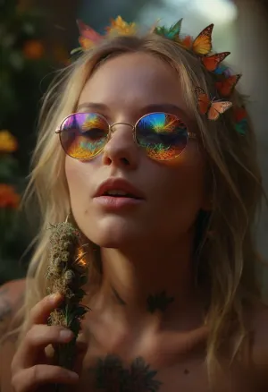 (warm ambient light:1.5), A slim, flat-chested, sexy, colorful dressed hippie sits in the monastery, jerking phallus cannabis bud, (huge phallus look alike detailed cannabis bud:1.6), In the garden, there are numerous cannabis plants in full bloom, (perfect cannabis buds:1.5), perfect face, (orgasm face:1.7), (moaning:1.6), (perfect detailed blonde dreadlocks:1), (surrounded by a large swarm of colorful cannabis_butterflies:1.5), tattooed, wears silver metal sunglasses with extremely small circular yellow lenses, looking at the viewer, (detailed reflection in the lenses of flowering cannabis plants:1), silent smile, perfect hands, it's a late summer afternoon, the sun is low and backlights the scene, rays of sunlight beautifully break through the smoke. Happy, content, satisfied, smiling, the focus is on the hippie, dirty, slutty, naughty thoughts, seductive, lustful, needy, aroused, (lascivious posing:1.6), shows her sexy highly detailed nipples, various perspectives, naughty posing, all over tattooed, dreadlocks, small butt, the background is blurred, the entire image is designed using technical parameters to create a warm, romantic atmosphere. Ganja, flowers, cannabis, marijuana, leaves, plants, resin, glands, nugs, edgFae, flower, fairy, style, wearing, sunlight_str1, vibrant, dream, pale, reality, elven, architecture, cloudy, smoke, atmospheric, clouds, fog, intricate detail, highly detailed, breathtaking, panoramic, cinematic, (3D, Framed, Woman), Cat, Skull, Flowers, Bird, Macabre, psychedelicai, orgasmface, DonMSp3ctr4lXL, <lora:MJ52:2>, <lora:psychedelicai-SDXL:2>, <lora:orgasmface_SDXL:1.9>, <lora:DonMSp3ctr4lXL-000008:1.8>