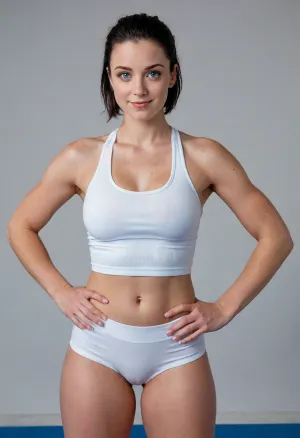 girl, 25 yo, photon, blue eyes, shorthaircurt, angle jawbones, black hair, light blue eyes, perfect eyes, no bra, smile, hard puffy nipples, middle breasts, realistic nipples, big hips, round ass big butt, masterpiece, wearing tight white sports top, underboobs, wearing tight black sports shorts, blue sport sneakers, make training sport
