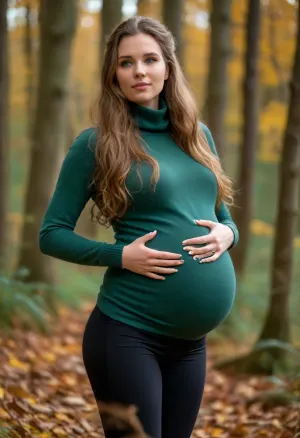 (masterpiece, best quality:1.2), 1 czech 18yo woman, (jade neck sweater, leggings:1.4), ((fully clothed)), (((big silicon tits:1.3))), outdoors, longest brunette hair, hair combed back to ponytail, green eyes, shocked face, in autumn forest, photorealism, she is walking a German Shepherd, <lora:style_lora_realis:.5>, <lora:708827_training_data:.6>, (large pregnant belly:1.9), (very big volume of hair:1.7)