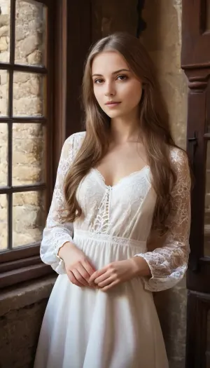 score_9, score_8_up, score_7_up, score_6_up, ((average girl next door:1.5)), (natural beauty:1.33), beautiful 20 year old woman, athletic model, young adult, gorgeous young looking woman, beautiful, cute, sweet, endearing, charming, model, goddess, realistic detailed eyes, realistic detailed face, realistic detailed skin, stunning brown eyes, fresh face, shy, gentle smile, vivid colors, gentle seduction, pale, perfect breasts, narrow waist, ((extremely long light brown hair)), wearing natural makeup, She is wearing a dress with lace sleeves that combine black and red colors. In the background, a window with a gr@te is visible, creating the atmosphere of a medieval castle or a Gothic interior. 3d view, masterpiece, high detail, ultimate realism, photorealistic