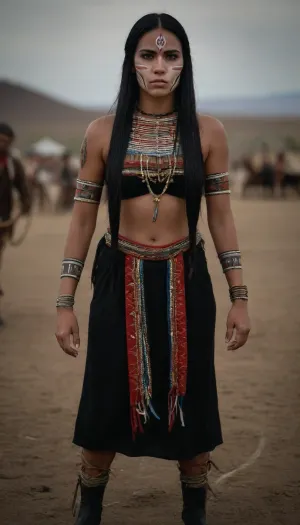 beautiful american nativ siux women, full body view, traditional siux clothes, long straight brilliant black hair. proud . tough face, backgroung praire with hoses, she dance a traditional dance, taditional war face painting