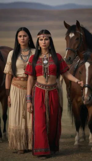 group of 4 beautiful american nativ siux women, full body view, traditional siux clothes, long straight brilliant black hair. proud . tough ungry face, backgroung praire with horses, she dance a traditional dance, taditional face painting