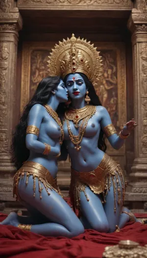 Indian goddess kali and Durga kissing in temple surrounded by corpses and naked