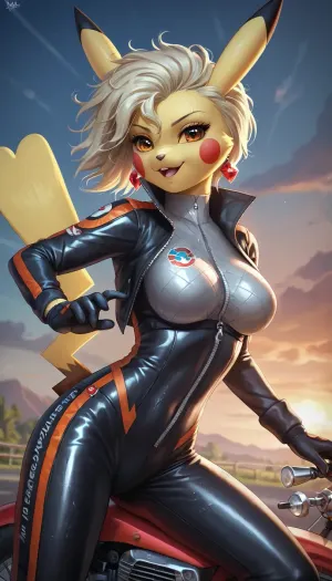 female anthro Pikachu from Pokémon, biker suit, dynamic pose