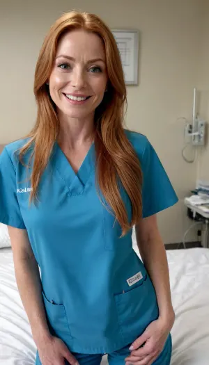 In hospital room, in hospital scrubs, happy face, pov style, eye contact, Sexy ginger, long sleek hair, 50 year old dark teint, wearing hospital scrubs, gorgeous slim body, detailed body, petite, sexy face, obidient but sexy face expression, wearing scrubs, small boobs, gorgeous, perfectly drawn hands, flawless hands, textured natural face, ultra realistic, 4k uhd, high quality render, wow, super sexy