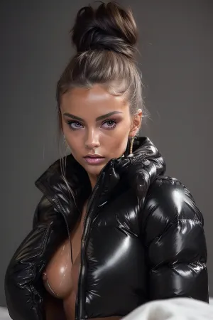(Shiny black cropped puffer down jacket with fur:1.3), (skinny 18yo dark blonde slut), (((hair bun))), (deeply tanned skin:1.3), (((naked))), (open coat), ((perfect body)), (((show tits))), (((girl dripping with cum))), (((super cute face))), (((looking very shy))), {masterpiece}, {super realistic}, {glamour model}, {hardcore porn}, bun_hairstyle, <lora:flat_chest_v2:.6>, <lora:336482_training_data:.9>, <lora:cum on any v3:.7>, <lora:short_dreads_hairstyle:.9>, <lora:DDBJon4_v1(v):1>