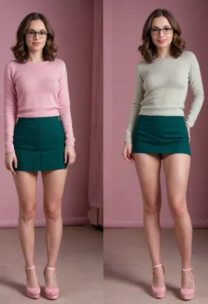 Before and after, (a shy woman with shoulder-length wavy brown hair, she appears to be in her late twenties or early thirties, light-skinned, She is wearing glasses with dark frames and a dark green cashmere pullover), (BEFORE she is wearing long jeans pants and white sneakers:1.1), BREAK, (AFTER she is wearing a pink pleated micro skirt, (pink platform high heels:1.2), slut outfit), <lora:OnoffXL_ExtraCrispy:.4>