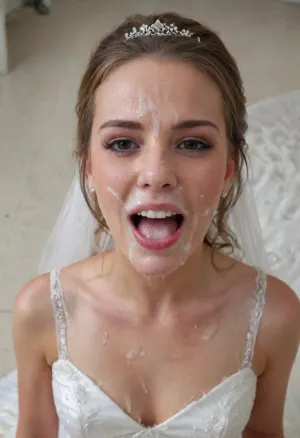 3/4 body shot of happy woman wearing wedding dress with cum on her forehead, facial, <lora:Facials:.5>, open mouth, (cum in mouth:1.3), <lora:JustCum:.5>
