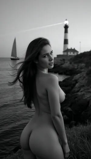 cinematic black-and-white photography, (high detail), (photorealistic), (masterpiece), (clear, bright lighting), beautiful nude woman looking at the ocean with an approaching black-and-white sailboat and wind in her hair, (perfect face), (delicate features), (bright, glowing lighthouse), its beam visible in the background, (dynamic composition), (evening, brightly lit), (magic hour), (soft warm glow), from the lighthouse, (deep black ocean), (wavy black water), (rocky black and white coastline), (black and white grass and hills), (soft, diffused light), (black and white colors), (sharp focus), (bokeh), (film grain), (professional black and white photography), 8k, (Kodak Portra 400), (Canon EOS R5)