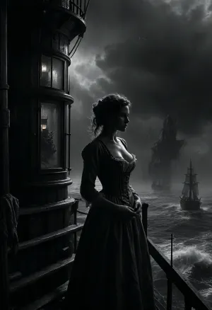 (Line art:2), ink drawing, Cowboy shot, 16 century, (stunning sexy rough lighthouse keeper stands inside glass cabin on top of Lighthouse:1), looks down to a three-masted sailing ship, (ship in distress:1.5), strong backlight from bright beacon illuminates her back and the darkness, (hurricane outside:1), (hard rain outside:1), (meter-high waves:1), undone linen shirt over a corset, firm breasts with long nipples, upper torso and a hint of cleavage visible exposed boobs, wind-torn coat, weras working clothes, large storm surge, rough sea, whitecaps, spray, haze, a three-masted sailing ship in distress in the background, 7-FineLine, Inkdrawing, cloudy, smoke, atmospheric, clouds, fog, <lora:MJ52:2>, <lora:Fine Line v1.0:2>, <lora:SDXL_Inkdrawing_v1:2>, <lora:Cloudy_Style:.8>, <lora:dark:.3>
