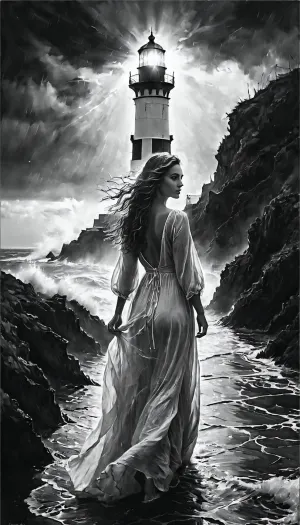 gorgeous woman, 20 year old, (full body), milf face, perfect face, detailed eyes, long wavy hair, ((perfect robe dress)), long natural hair, ((walking toward viewer)), (((black and white photography))), ((an illuminating full lighthouse in distant)), ((stormyu sea)), <lora:add-detail-xl:1>, Black, art, black, pencil, shading, charcoal, drawing, toned, paper, brutal, b/w, color, scheme, <lora:Black and white art.V1:.9>, ((iris eyes)), (detailed eyes), <lora:MJ52:.1>