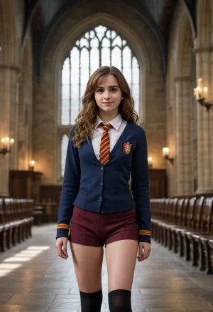 Hermiona granger, standing, in hogwarts great hall, in hogwarts uniform, horny smille, panties pulled down to her knees and reviel her pussy, visible naked pussy, shaved pussy