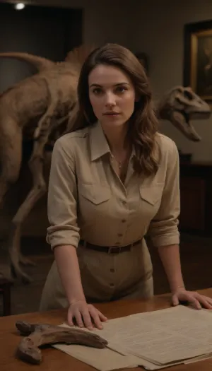 Photorealistic, UHD, 8K, (archeologist woman in museum:2), (museum's exhibits on back side), (wearing archaeologist suit), (she studies bones in museum), (standing close to table), (realistic old dinosaur bones on the table:1.7), (old papers:1.7), (thin face), (wave long hair), (breasts close:1.6), (front view), BadX