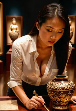 ((photorealism)), (high quality:1.2), (detailed facial features:1.1), (well-lit scene:1.1), (perfectly detailed face:1.2), (excellent composition:1.1), ((beautiful modern Asian female archaeologist examining an artifact in a museum)), smooth skin, black hair, white shirt, unbuttoned almost to the waist, exposing the upper part of her large full breasts, tight-fitting pants, leaning over an ancient Chinese vase, (detailed inlaid vase:1.1), (studying the vase:1.5), soft studio lighting, dark museum background, blurred background with other artifacts on the wall, bright reflections on the glass, (depth of field:1.1), side lighting, natural lighting, 8k, ultra-detailed, DSLR, (Fujifilm XT3:1.1), ISO 200, 1/160 s, f/2.8, NEGATIVE_HANDS, downblouse, nipslip, <lora:681678_training_data:.8>, <lora:RealDownblouseXL2:.8>