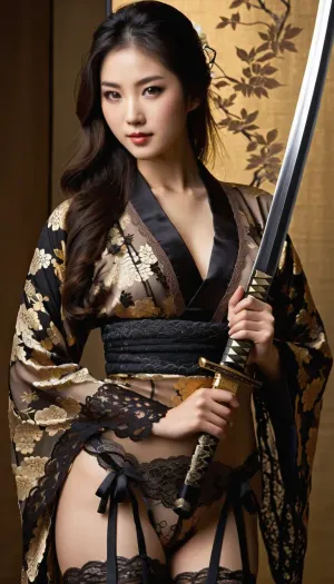 (masterpiece), (highest quality), (extreme detail), photorealistic, 1 girl in a photo shoot, young woman, Asian, heroine, (exquisite appearance), (perfect body proportions), stunningly beautiful facial features, long dark brown hair, loose hair, (traditional Japanese lace boddy, kimono:1.25), (lace lingerie:1.3), black with gold floral pattern, side cutouts, black, (lace pattern stockings:1.2), thigh-length stockings, high heels, black platform shoes, (one katana in hand:1.2), katana, long blade, golden hilt, vertical composition, (studio lighting:1.1), (soft light), (clear studio background:1.1), white background, high sharpness, richness of textures, clear pattern, (natural makeup:1.1), glossy lips, gentle smile