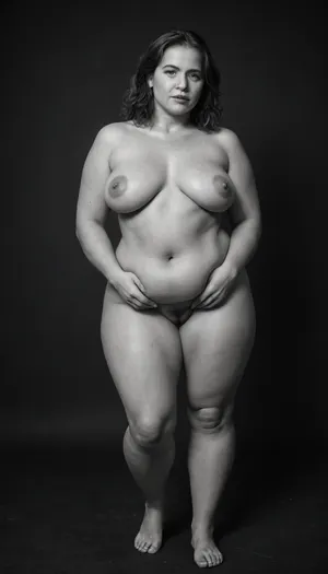 Masterpiece, (monochrome), black and white professional artistic HD photography, award winning photography, full body view, (dark background, extremely dim light:1.4), (only her forms are revealed by very fine lines of light:1.6), 50 year-old chubby mature woman silhouette, wide hips, natural flat empty breasts, small torpedo breasts, (belly folds, bulges:1.2), sexy poses, aged nude body, unkempt hairy pussy, slightly thick legs, slightly wavy layered dark brown hair, (obese:1.1), (she adopts provocative poses during a porn photo session:1.4), spread pussy, monochrome, realistic, 4k, high quality, art, (maximum quality, ultra-detailed, insanely detailed, highly detailed, high quality, uncompressed, raw source photograph), (highly detailed wrinkled skin, detailed mature skin texture, highly detailed light grey messy hair), curvaceous milf, folds under buttocks and breasts, cellulite, bulges, plump, skindentation, chubby, bbw, venus, body, big, breasts, ass, zavy-ldprtrt, old, woman, man, <lora:481999_training_data:1.5>, <lora:Chubby BBW - XL:1.4>, <lora:zavy-ldprtrt-sdxl:1.3>