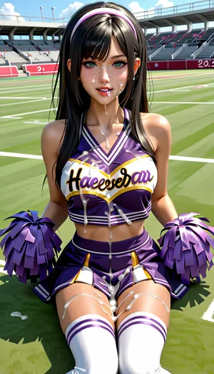 Solo, 1girl, masterpiece, (perfect lighting:1.4), sexy, (ultra detailed face:1.4), (ultra high detailed cheerleader outfit:1.4), 8k, (slutty cheerleader outfit in, (black, white, green), , :1.4), (high resolution:1.4), (25 year old cheerleader:1.4), body, 5ft, heavy makeup, black hair, blue eyes, tanned skin, hairband, thigh high socks, (tons of cum:1.4), bukkake, American Football field, outside, grass, woman, cum, on, face, <lora:JustCum:1>