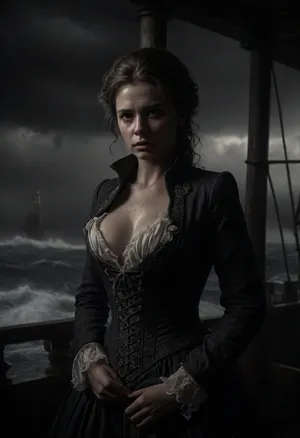 (Line art:2), ink drawing, Cowboy shot, 16 century, (stunning sexy rough lighthouse keeper stands inside glass cabin on top of Lighthouse:1), looks down to a three-masted sailing ship, (ship in distress:1.5), strong backlight from bright beacon illuminates her back and the darkness, (hurricane outside:1), (hard rain outside:1), (meter-high waves:1), undone linen shirt over a corset, firm breasts with long nipples, upper torso and a hint of cleavage visible exposed boobs, wind-torn coat, weras working clothes, large storm surge, rough sea, whitecaps, spray, haze, a three-masted sailing ship in distress in the background, novuschroma38, style, <lora:dark:.1>, <lora:CBS_novuschroma38 style:1.4>, <lora:photorealistic_portrait_notrigger:.4>